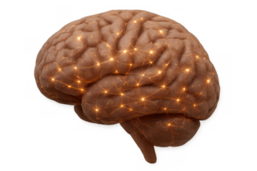 Human brain showing glowing neural connections, visualizing neural networks, ai, concepts of intelligence, mind, and data processing. Transparent background