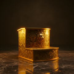 Luxurious Gold Pedestal with Intricate Embossed Patterns, Perfect for High-End Brand Showcases or Exclusive Awards.