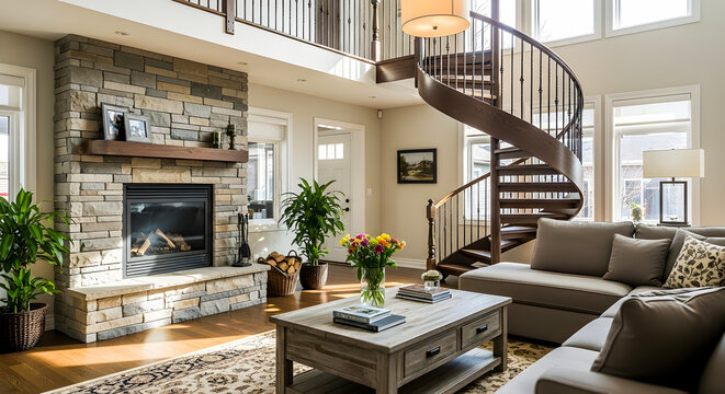 Luxurious open-concept living room with an elegant spiral staircase, cozy stone fireplace, and sophisticated contemporary decor, bathed in natural light