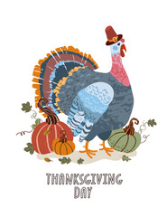 A turkey with a festive hat on its head stands proudly in front of a colorful pile of pumpkins. The image is titled Thanksgiving Day and it captures the spirit of the holiday season