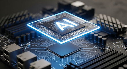 Artificial intelligence processing unit glowing on a motherboard, symbolizing advanced computing and future tech