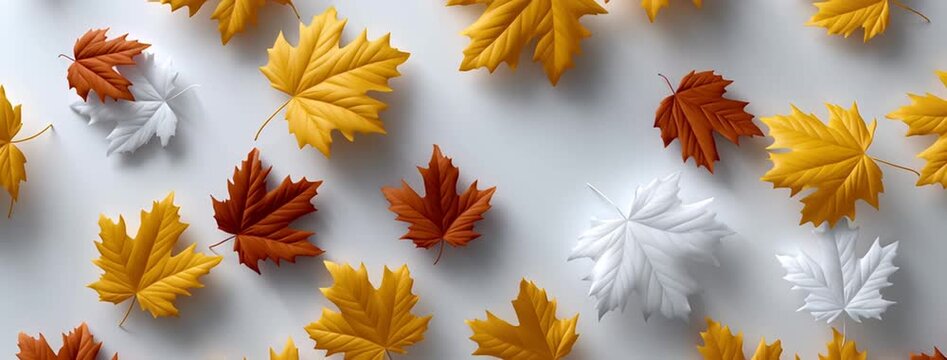 A collection of vibrant autumn leaves in shades of yellow, orange, and white showcases the beauty of the fall season