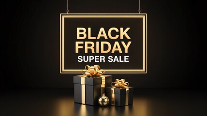 Black Friday super sale with elegant gifts on black background design