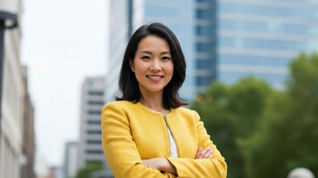 A confident Asian businesswoman in a yellow jacket with arms crossed, looking up with a smile outdoors. Perfect for optimism and success concepts
