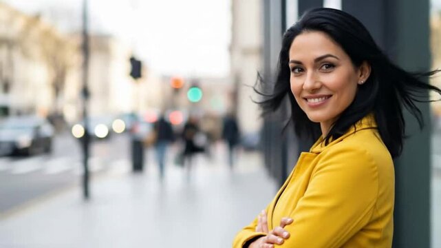 A confident businesswoman in a yellow jacket with arms crossed, looking over her shoulder on a city street. This footage is perfect for leadership