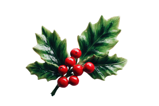 Close-up of a stylized holly sprig brooch