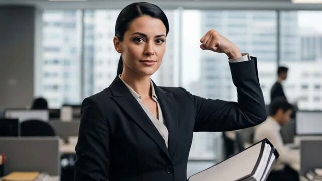A confident businesswoman holding documents and flexing her arm muscle in a modern office. This footage is perfect for corporate power concepts