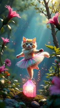 A Ballerina Kitten Leaping Above a Glowing Crystal in an Enchanted Forest