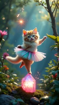 The Kitten Ballerina Rising Above a Radiant Crystal Under Golden Forest Light