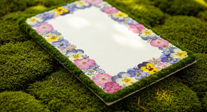 Blank Card Frame Bordered with Pressed Pansy Flowers on Moss
A rectangular white surface, suitable as a text placeholder, framed by a decorative border of real
