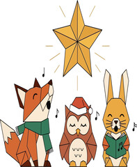 A heartwarming illustration features a fox, owl, and rabbit caroling beneath a radiant star, spreading joy and harmony isolated on white background