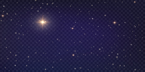 Fototapeta premium Vector Christmas starry night png. Shining night sky, dark space background with stars. Stardust in deep universe, galaxy. Vector Illustration isolated on transparent background.