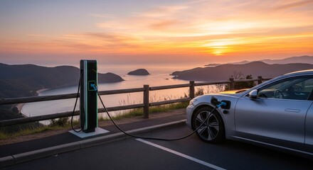 An electric vehicle is charging at a station overlooking a scenic coastal landscape during sunset.