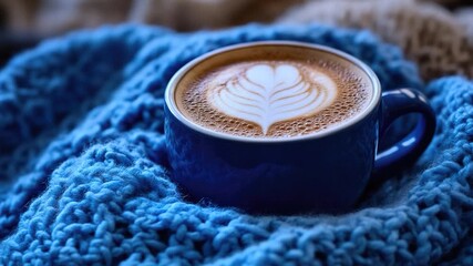 A warm cup of coffee sits on a soft blue blanket, perfect for a cozy morning moment