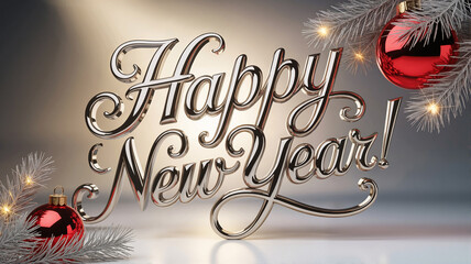 Festive "Happy New Year!" text with red ornaments and silver accents  