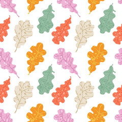 Seamless pattern of colorful leaves on a white background. The leaves are of various colors, including orange, green, and pink
