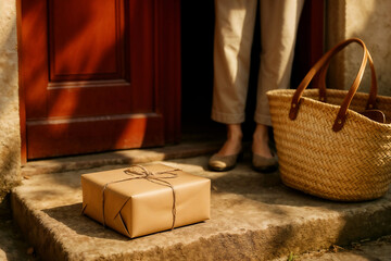 A parcel wrapped in craft paper lies on a stone threshold against the backdrop of a red door.