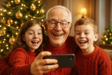A grandfather and his two grandchildren take a selfie in front of a Christmas tree.