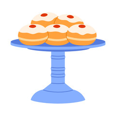Sufganiyot donuts with jam and powdered sugar on cake stand. Hanukkah sufganiyah. Traditional Hanukkah dessert, sweet holiday pastry. Flat vector illustration isolated on white background