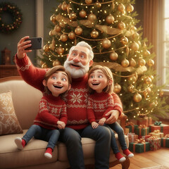 A grandfather, a girl, and a boy take a selfie in front of a Christmas tree. 3D illustration.
