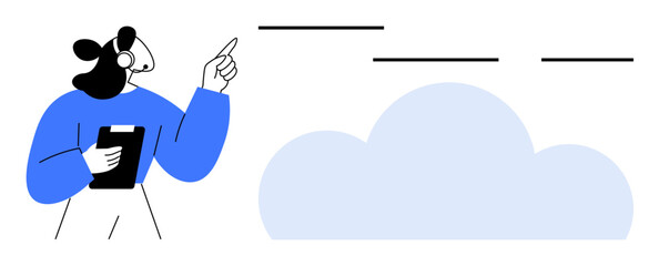 Woman wearing a headset holds a clipboard and gestures towards cloud graphics with horizontal lines. Ideal for cloud computing, collaboration, remote work, creativity, technology, communication