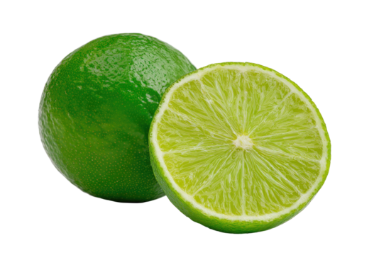 Two vibrant limes, one whole and one sliced in half,  displaying a bright, glossy green skin and juicy interior