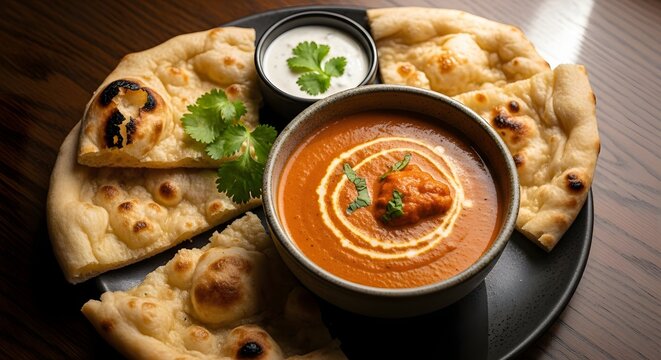 Delicious indian butter chicken served with warm naan bread and raita