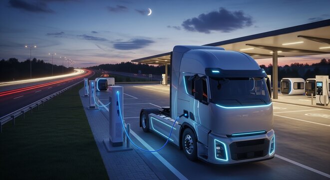 A futuristic electric semi-truck is charging at a station with a highway in the background at dusk. - Powered by Adobe