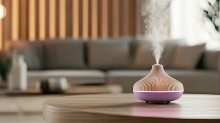 A purple diffuser emits soothing mist on a coffee table, casting colorful LED lights in a tranquil living room illuminated by soft pink light
