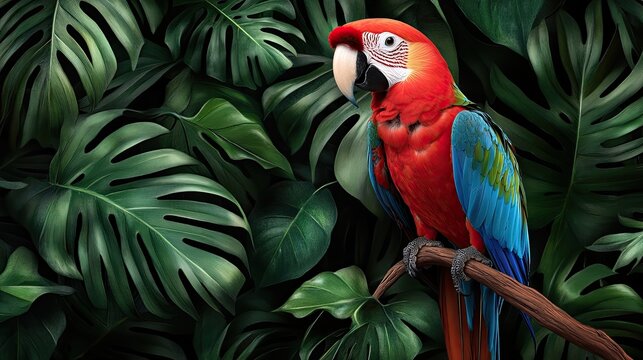 Bright red parrot with vibrant wings rests on a branch, surrounded by lush foliage in a sun-dappled jungle setting