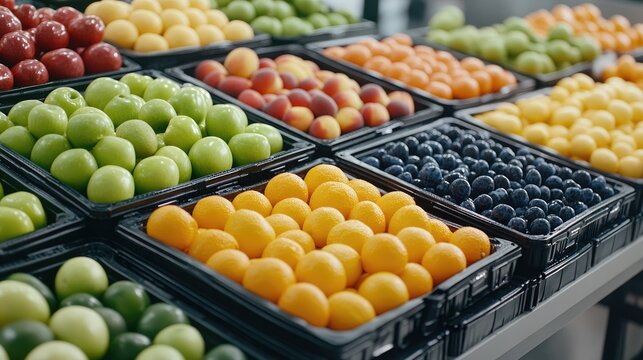 Colorful fruits including oranges, apples, and lemons are neatly arranged in display boxes at a lively market, highlighting the freshness of produce - Powered by Adobe