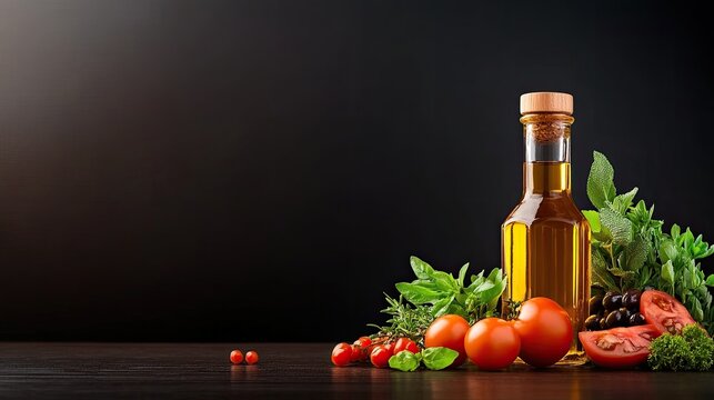 Various cooking oils, balsamic vinegar, and fresh herbs arranged on a wooden board in a warm kitchen environment, evoking a culinary atmosphere - Powered by Adobe