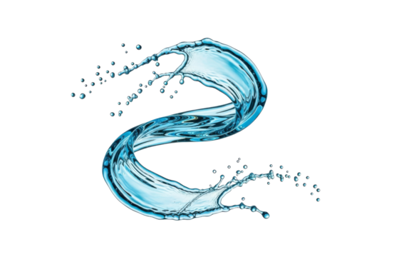 Dynamic splash of clear blue water isolated on transparent background, showcasing its fluid motion and purity, ideal for illustrating concepts of freshness, cleanliness, and natural resources