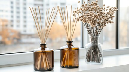 Fototapeta premium Three bottles and vases with dried flowers rest on a windowsill, illuminated by warm sunlight, enhancing a cozy and inviting atmosphere