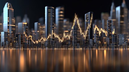 Digital artwork showcases stock market charts with abstract shapes and a vibrant cityscape background glowing in warm tones at night