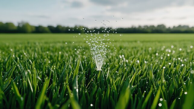 Joyful water spray from a center-mounted sprinkler nourishes vibrant green crops under a sunny sky, celebrating the spring harvest
