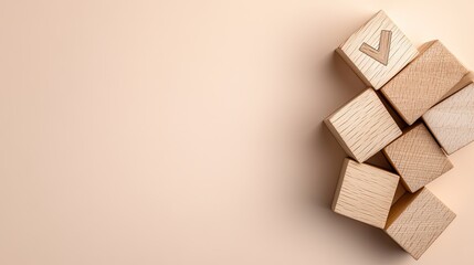Wooden cubes depicting a checkmark and house icon illustrate the concept of investing in luxury real estate on a pastel background