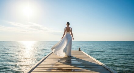 A woman in a white dress stands at the end of a wooden pier, looking out at the ocean under a bright sun.