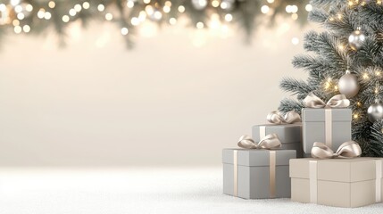 Silver and beige gift boxes adorned with ribbons rest on snow beside a gray Christmas tree, adding warmth to the serene atmosphere