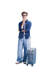 Dreamy Traveler's Journey: A young man, filled with wanderlust, thoughtfully anticipates his...