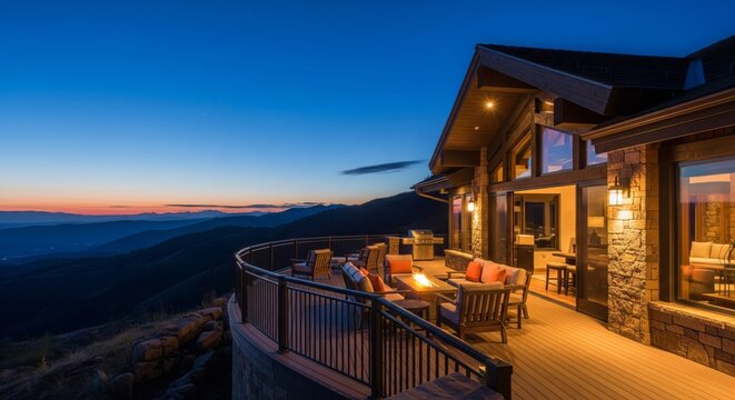 Luxury mountain home with a deck overlooking a scenic sunset view.