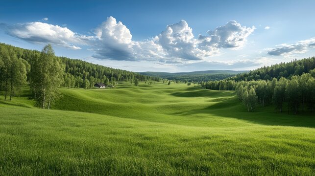 Enjoy the beauty of a lush green field under a blue sky scattered with white clouds in the Swedish countryside, with distant farms visible - Powered by Adobe