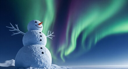 A cheerful snowman stands against a backdrop of vibrant aurora borealis lights in the night sky.