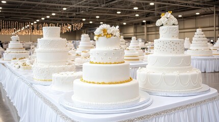 A stunning wedding cake adorned with gold leaf accents and detailed sugar work takes center stage at a bustling fair, surrounded by other cakes