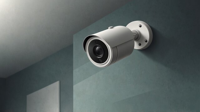 Surveillance camera on teal wall in modern indoor setting
