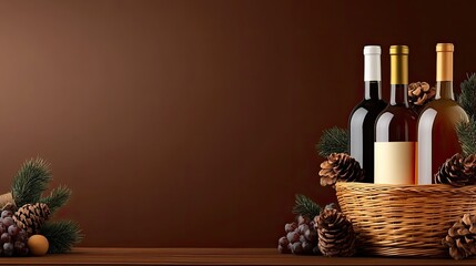 A stylish wine basket with two bottles sits against a warm, minimal background, perfect for advertising wine products in a shop