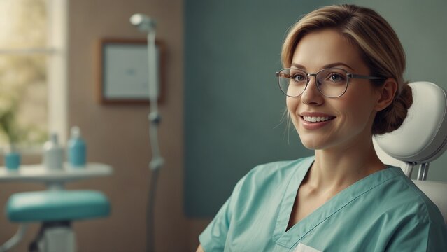 Female dentist smiling in soft illustration inside dental clinic - Powered by Adobe