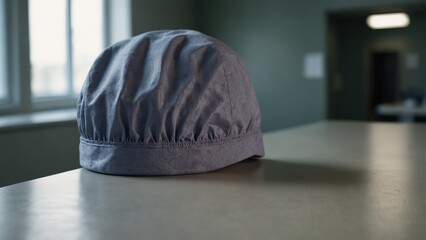 Surgical scrub cap on table in hospital room with natural light
