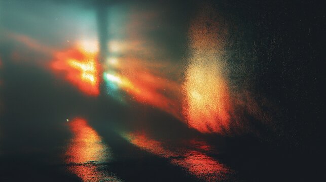 Blurred city lights reflected on a rain-soaked window creating an abstract composition with soft orange and red colors evoking urban solitude.