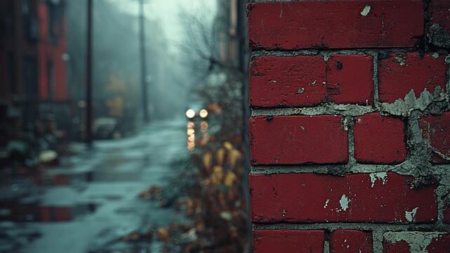 A red brick wall with a single street light shining in the background, suitable for use in urban or cityscape scenes
